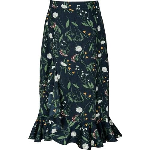 PERHAPS U Trumpet Mermaid Green Ruffle Floral Print Flower Midi Skirt High Street Empire Vintage Retro S0045