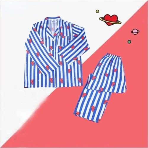 Women Sleepwear Heart Stripe Print Pajamas Sets Women Harajuku Soft Short Sleeve Nightwear Set 2021 Summer Comfortable Pajama