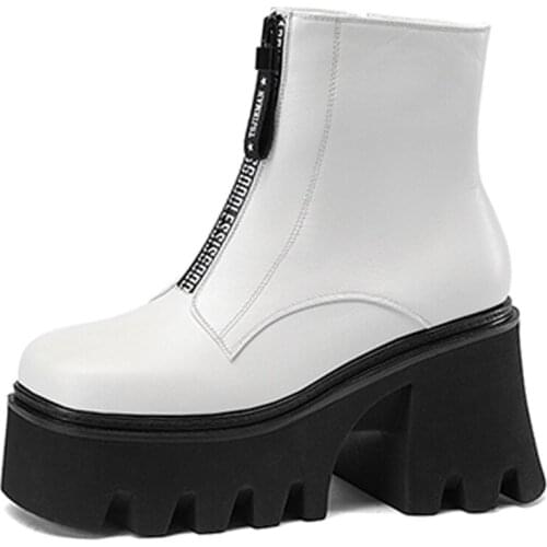 2021 New Autumn Winter Ankle Boots Women Shoes Thick Bottom Black White Round Toe Footwear Elegant Height Increasing Punk A19