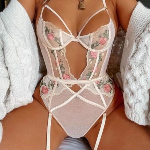 Hot Fashion embroidery Summer Mesh Lace Bodysuit Women Floral Embroidery Sexy Bodysuit Jumpsuit Overalls Party