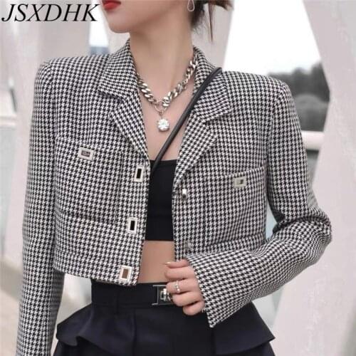 New Runway Autumn Houndstooth Jacket Coat Chic Women Tweed Plaid Black Single Breasted Pocket Long Sleeve Short Slim Outerwear
