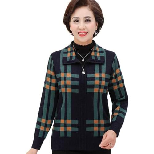 Women knitted Sweater Autumn Winter Casual Plaid Jacket Middle-aged Elderly Female Sweaters Cardigan Zipper Coat Tops R705
