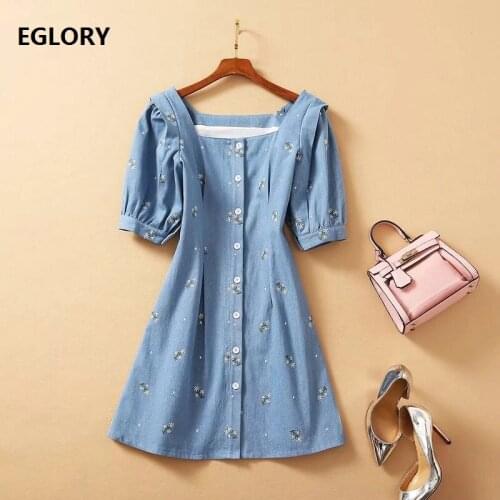 High Quality New Denim Dress 2021 Spring Summer Ladies Sexy Square Collar Sweet Floral Embroidery Buttons Casual Jean Dress Girl