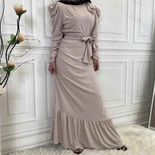 Elegant Ramadan Muslim Solid Abaya Dress Pleated Lace-up Moroccan Kaftan Dubai Turkey Party Vestidos Jubah Robe Abayas Mujer Eid