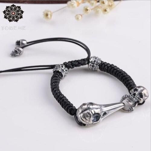 100% 925 Silver Skull Bracelet Thai 925 Silver Skeleton Beaded Bracelet Vintage Silver Eagle Skull Braided Man Bracelet