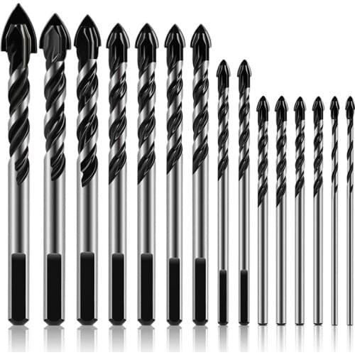 15Pcs Masonry Drill Bits Set 3-16mm for Gl Concrete Marble Brick Tile Wood Triple-cornered Alloy Masonry Bit