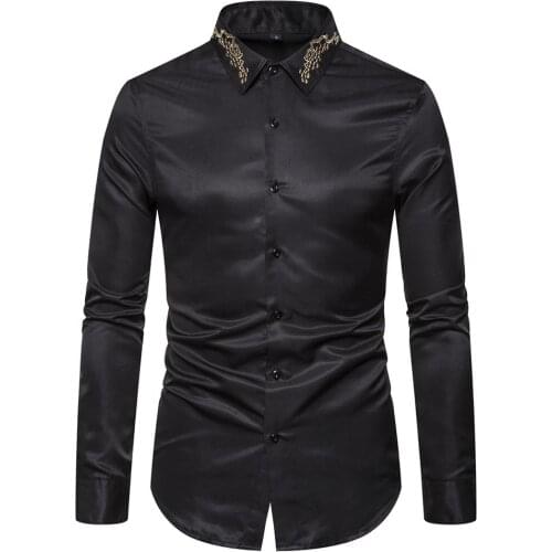 2019 New Fashion Men Pure Color Plus Size Shirt Autumn New Mens Fashion Court embroidered collar Long-sleeve Shirt