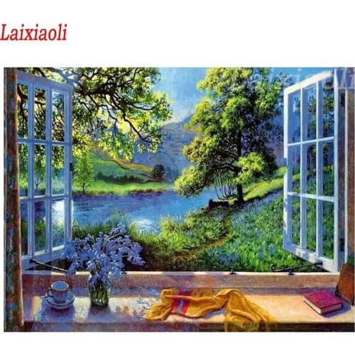 5d rhinestone Window scenery Full square round drill 3d diamond Painting cross stitch diamond embroidery natural landscape decor