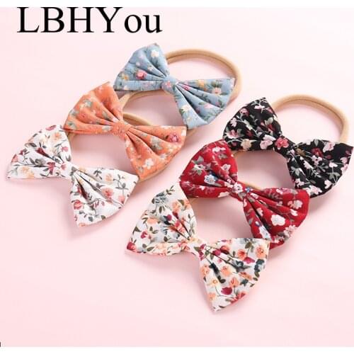 6pcs/lot Newborn Girls Cute Floral Print Cotton Bows Nylon Headbands Hand Tie Stretchy Nylon Head Bands Girls Hair Accessories