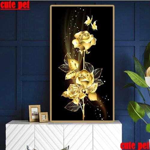 Large DIY Diamond Painting Golden rose flower Full Square round5D Diamond Embroidery Cross Stitch Mosaic Sticker Gift Home Decor