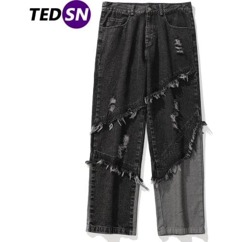 Hip Hop Patchwork Tassel Jeans Harajuku Oversized Loose Trousers 2020 Casual Joggers Men Straight Pants Streetwear Black Jeans