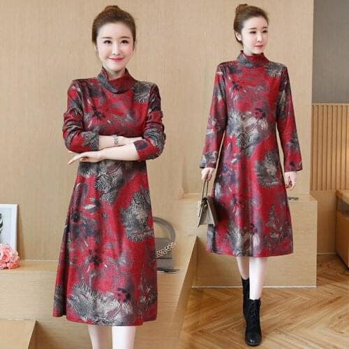 Sping Floral High Round Neck A-line Natural Vintage Simple Long Sleeve Elegant Fashion Plus Size Cocktail Dress Party