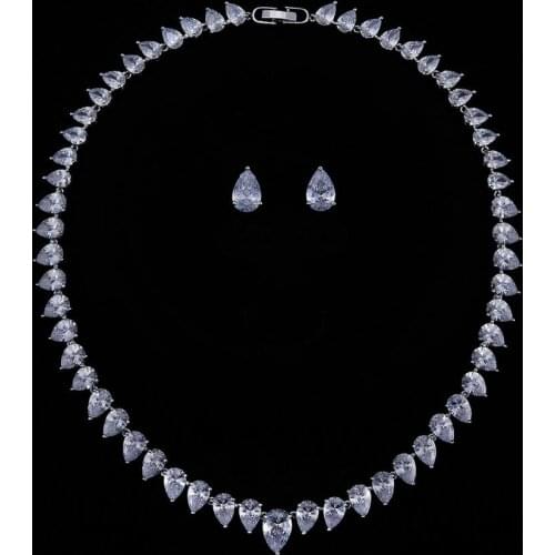 Classic Full 5A Cubic Zirconia Bridal Wedding Necklace Earring Set Women Prom Party Jewelry Sets /Real Platinum Plated CN10271