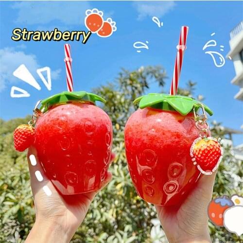 Ins Cute Strawberry Cup With Straw Creative Clear Plastic Water Bottles For Kids Girl Student Portable Cold Drink Water Cups