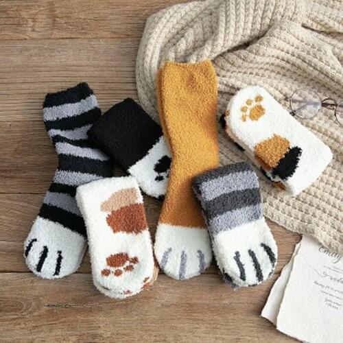 2019 Cute Plush Coral Fleece Socks Female Tube Socks Autumn Winter Cat Claws Thick Warm Sleeping Floor Sleep Socks