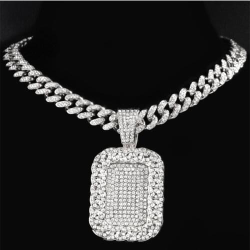Iced Out Military Dog Tag Pendant Necklaces For Men Bling Cubic Zircon Cuban Chain Hip Hop Party Xmas Gift