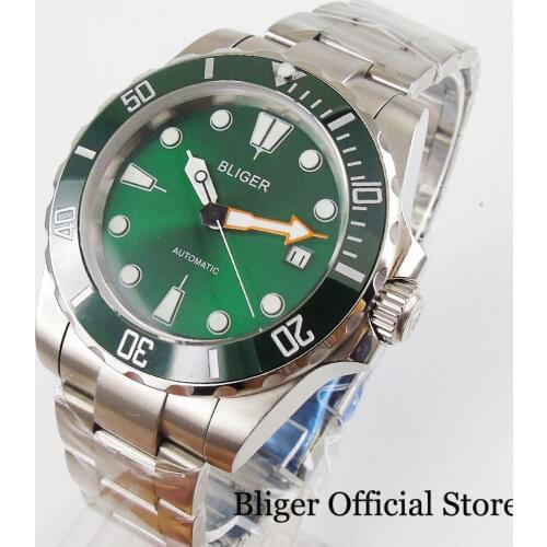 BLIGER Green 40mm Automatic Wristwatch Men Sapphire Glass Steel Band Date Window MIYOTA/MINGZHU Movement