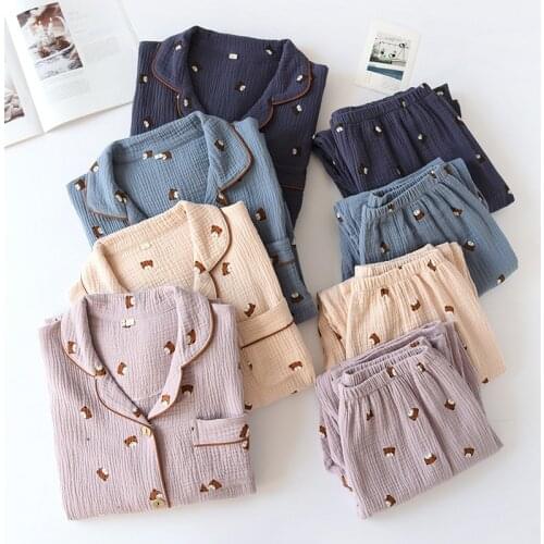 Spring Autumn Couple Pajamas Two-piece Cotton Crepe Cartoon Thin Long-sleeved Trousers Home Service Set For Men And Women