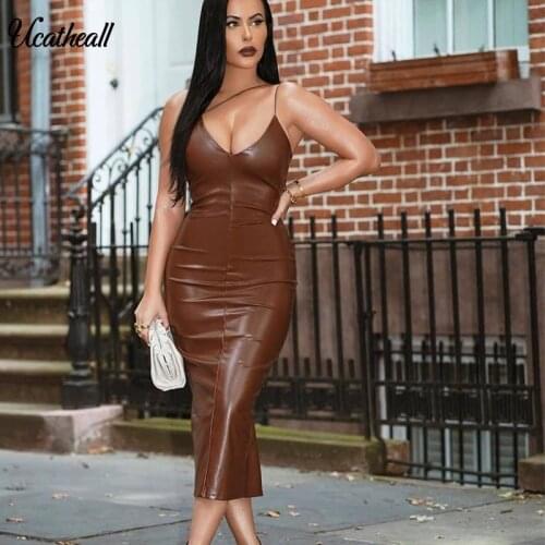 Sexy Off Shoulder PU Leather Midi Dress Women Strapless Tight Party Dress Summer Club Wear Pencil Bodyson Bodycon Dress