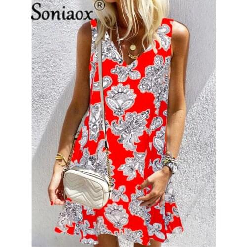 Summer Flowers Printed Dress Women Fashion Sexy V-Neck Sleeveless Loose Elasticity Waist Vacation Beach Boho Mini Dresses Femme