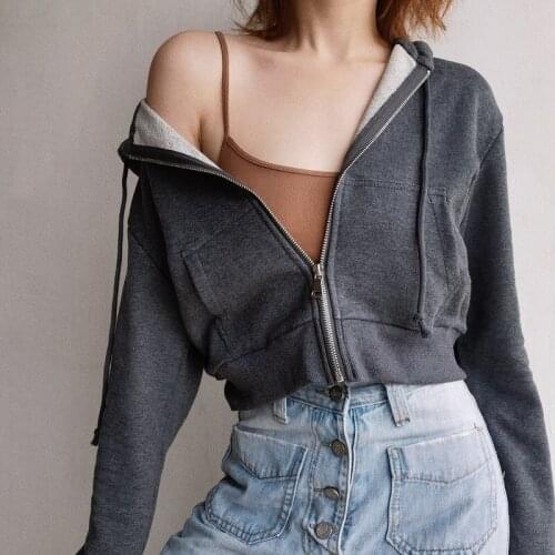 Retro Collect Waist Cropped Hooded Sweatshirt Women Loose Casual Long Sleeve Zipper Pocket Hoodie 2021 Spring Clothes