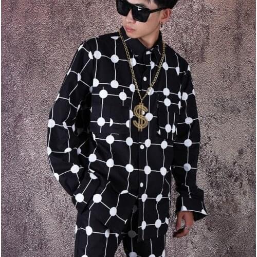 Fashion Mens Polka Dot Shirt Personality Long Sleeve Shirt Flower Shirt Tide Men Loose Shirt nightclub bar singer Hip Hop Shirt