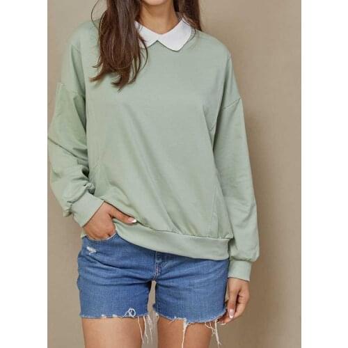 Kawaii Sweatshirt Women Green Top Oversized Sweatshirt Harajuku Spring Autumn Aesthetic Clothes Turndown Collar Long Sleeve