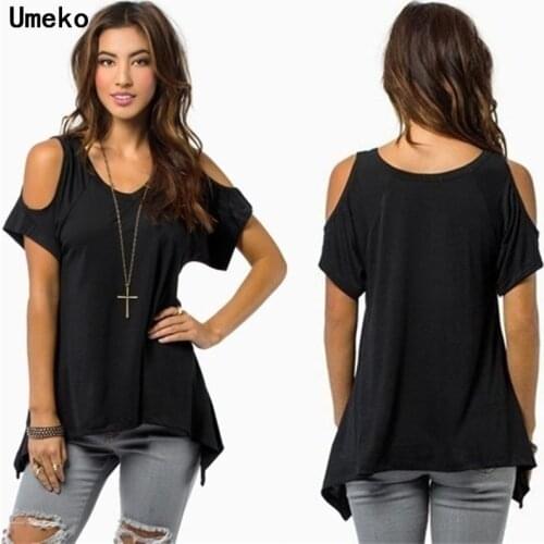 Umeko 2020 Solid Strapless Casual Short V-Neck Shirts Women Clothing Off The Shoulder Tops for Women T-shirt Top S-5XL plus size