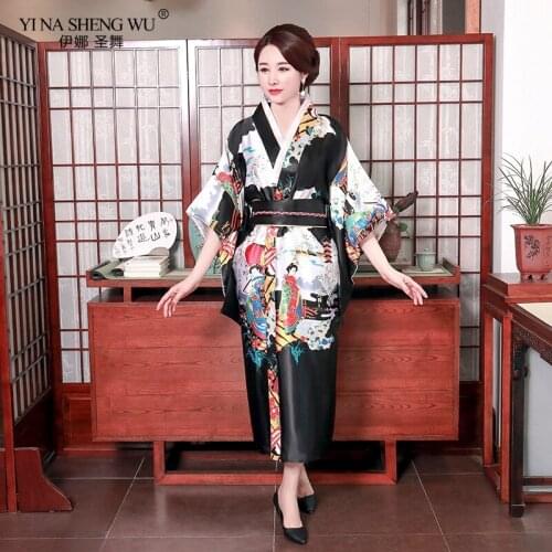 Japanese Tradition Yukata Slim Kimono For Black Woman Lady Obi Flower Vintage Evening Dress Halloween Cosplay Costume One Size