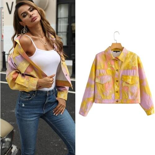 Womens Denim Jackets Za Tie Dye Streetwear Short Jeans Jackets Long Sleeve Spring Fashion 2021 Oversized Pockets Mujer Outwear