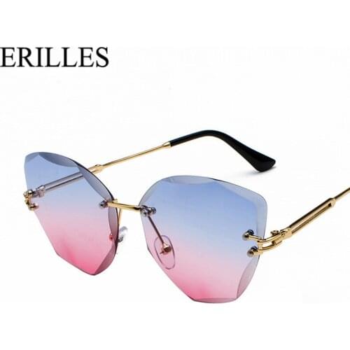 New Summer Cat Eye Rimless Sunglasses Women Diamond Trimming Sun Glasses Gradient Clear Lens Metal Cateye Spectacles Lunette