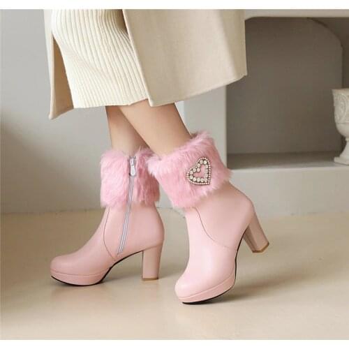 YQBTDL 2020 Autumn Winter High Heel White Bride Wedding Shoes Faux Fur Design Crystal Heart-shaped Womens Ankle Boots Pink White