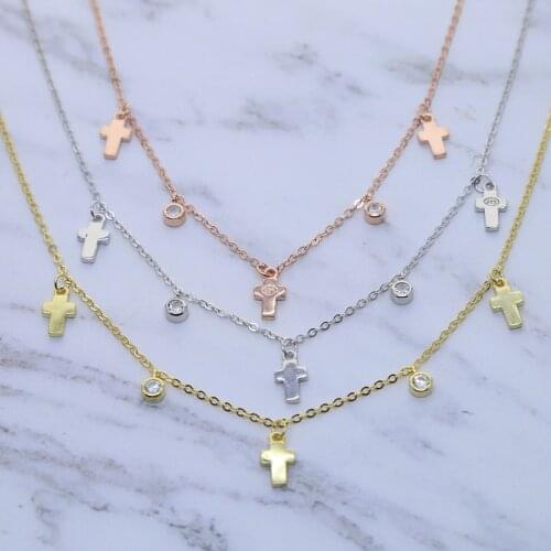 100% 925 sterling silver minimal delicate round cz cross charm necklace for women choker 33+7cm drip cz fashion short jewelry