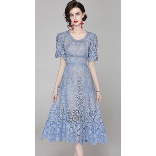 2021 Summer Lace Self Portrait Dress Women Short Puff Sleeve Hollow Out Water Soluble Mermaid Floral Embroidery Midi Long Dress
