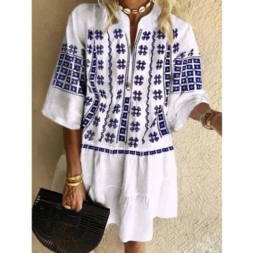 Bohemian Style Women Dresses Retro Vestido O-neck Female Loose Fashion Dresses Casual Women Dress 2XL