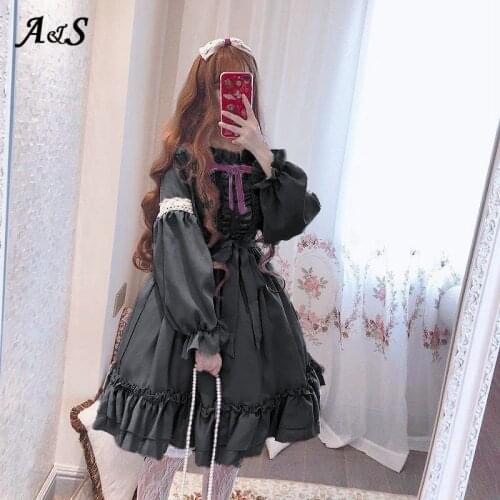 Anbenser Harajuku Lolita Dress Women Ruffle Dress Lantern Sleeve Gothic Style Student Dress Japanese Sweet Kawaii Bow Girl Dress