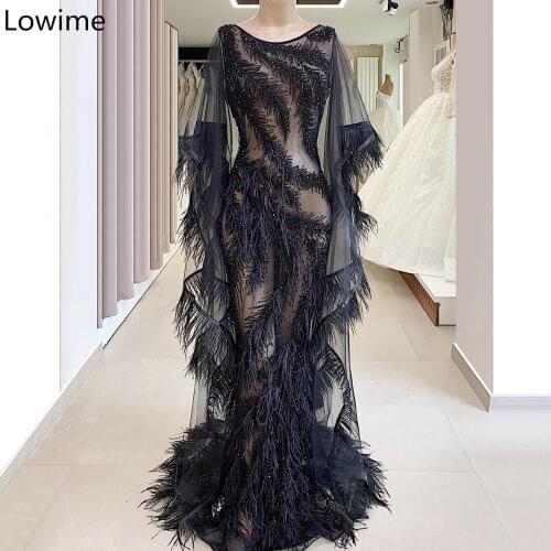 Plus Size Black Illusion Prom Dress Middle East Feathers Evening Dress Long Mermaid Special Occasion Gowns Party Vestidos