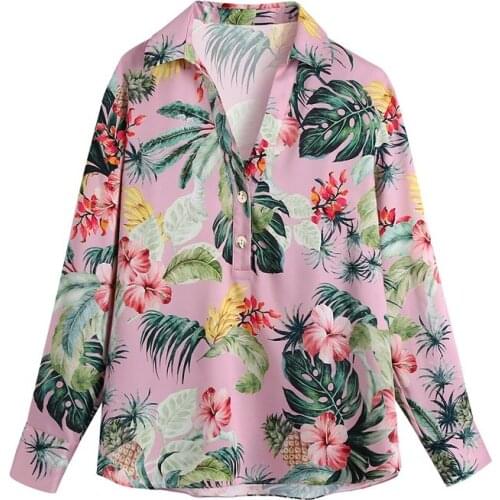 ZXQJ Women 2021 Fashion Tropical Print Loose Blouses Vintage Long Sleeve Button-up Female Shirts Chic Tops