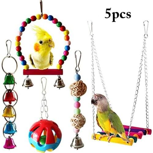 5pcs/Set Bird Cage Toy Multicolor Rattan Parrots Swing Toy Bird Hanging Bell Bird Chew Toy Standing Training Toys Pet Supplies