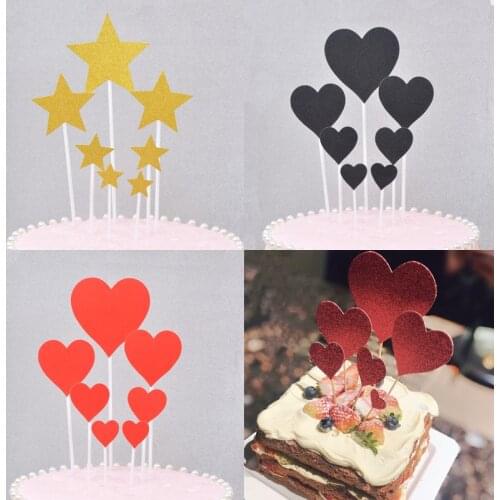 7pcs Wedding Cupcake Topper Red Heart Gold Star Paperboard Cake Topper For Wedding Birthday Party Cake Decorations Baby Shower