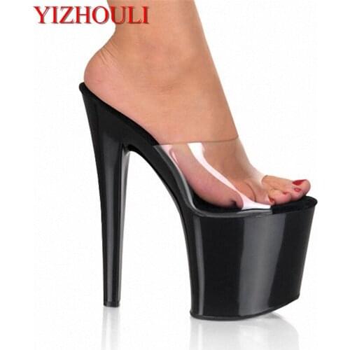 White Simple Belt Transparent Platform Open Toe 20cm Ultra High Heels Slippers 8 Inch Sexy Party Crystal Shoes