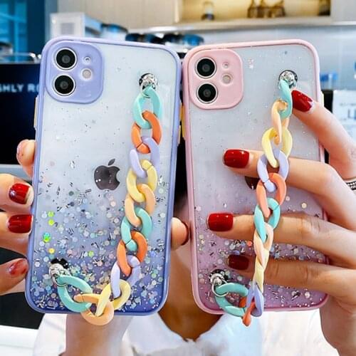 Glitter Wrist Strap Chain Phone Case For iPhone 12 11 Pro Max XR X XS Max 7 8 Plus 12 Mini 11 Shockproof Bumper Clear Back Cover