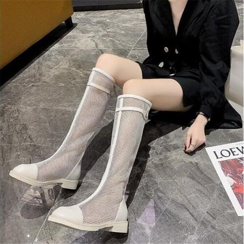 Black Mesh Womens Boots Fashion Square head Rear zipper High Heels Women Breathable Tall tube Boots Female Sandals Pumps Dress
