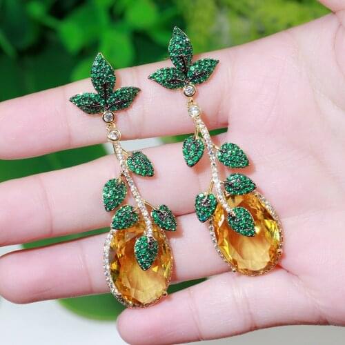 CWWZircons Super Luxury Green Cubic Zirconia Leaf Drop Big Yellow CZ Crystal Earrings for Women Unique Geometric Jewelry CZ811