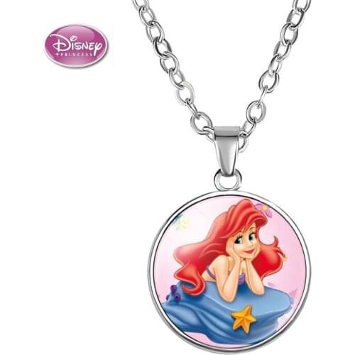 Disney Mermaid Childrens Cartoon Necklace Princess Aisha Anna Time Gem Pendant Girl Jewelry Make Up Toys For Kids Girls Gifts
