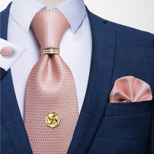 New Fashion Mens Ties Pink Silk Woven Necktie Wedding Party Ties Handkerchief Tie Tack Cufflinks Set Gravatas Men Gift DiBanGu
