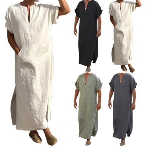 Men Traditional Clothes Stand Collar Short Sleeve Pockets Retro Robes Solid Split Robes Men Jubba Thobe ropa hombre M -5XL