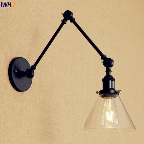IWHD Black Long Arm Wall Lamp Beside Glass Shade Home Lighting Vintage Industrial Wall Sconce LED Edison Loft Style Arandela