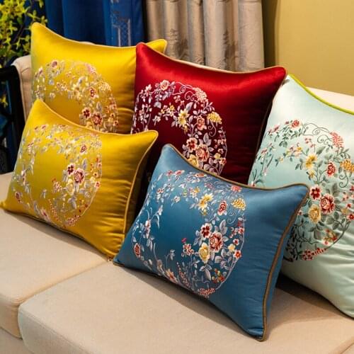 Classic Fine Embroidery Floral Silk Brocade Cover Cushions Pillow Cases Decorative Sofa Chair Cushion Cover Lumbar Pillow Covers