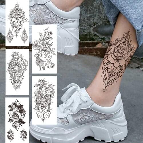 Henna Lace Flower Temporary Tattoos For Women Girls Geometry Rose Peony Tattoos Fake Jewelry Black Body Arm Leg Tatoos Sticker